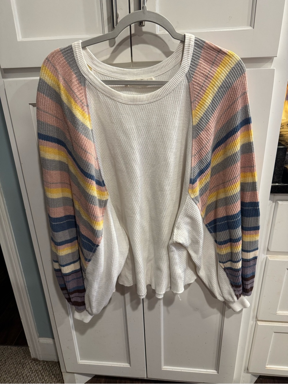 We The Free White Cardigan with Pastel Striped Balloon Sleeves